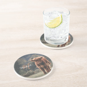 Highland cow calf autumn grass monogram initial coaster
