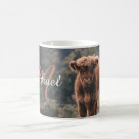 Highland cow calf autumn grass monogram initial