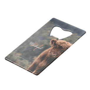 Highland cow calf autumn grass monogram initial credit card bottle opener