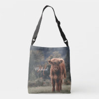 Highland cow calf autumn grass monogram initial