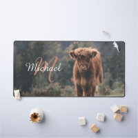 Highland cow calf autumn grass monogram initial