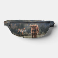 Highland cow calf autumn grass monogram initial