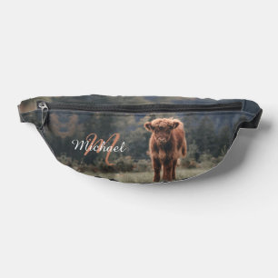 Highland cow calf autumn grass monogram initial fanny pack