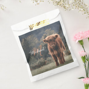 Highland cow calf autumn grass monogram initial favour bag