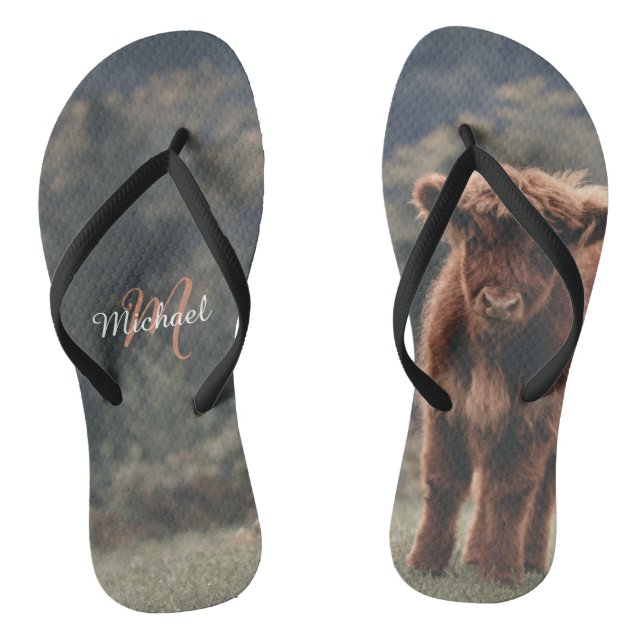 Highland cow calf autumn grass monogram initial flip flops (Footbed)