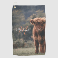 Highland cow calf autumn grass monogram initial