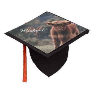 Highland cow calf autumn grass monogram initial graduation cap topper