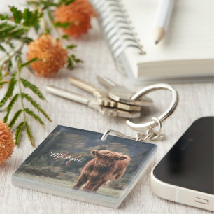 Highland cow calf autumn grass monogram initial keychain