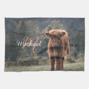 Highland cow calf autumn grass monogram initial kitchen towel