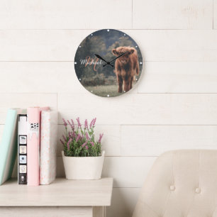 Highland cow calf autumn grass monogram initial large clock