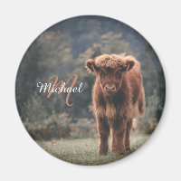 Highland cow calf autumn grass monogram initial