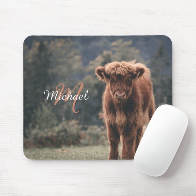 Highland cow calf autumn grass monogram initial mouse pad (With Mouse)