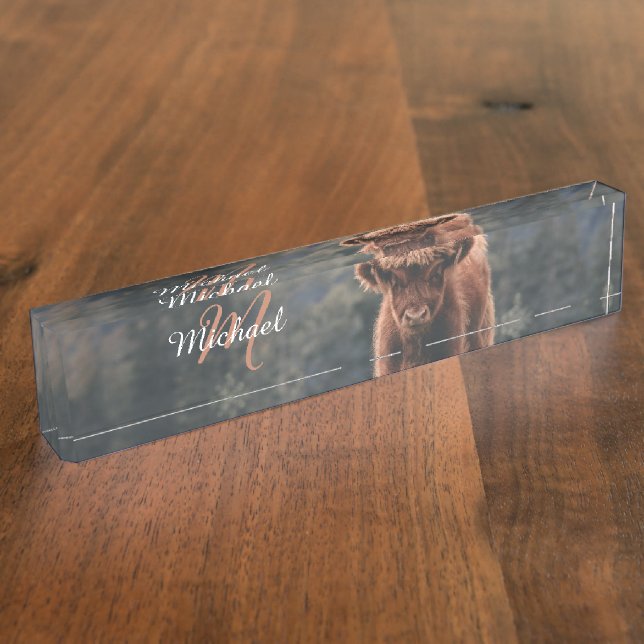 Highland cow calf autumn grass monogram initial nameplate (Side)