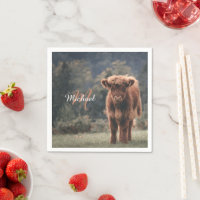 Highland cow calf autumn grass monogram initial
