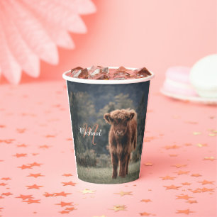 Highland cow calf autumn grass monogram initial paper cups
