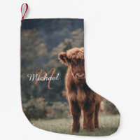 Highland cow calf autumn grass monogram initial