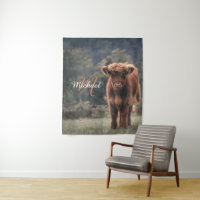 Highland cow calf autumn grass monogram initial