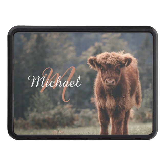 Highland cow calf autumn grass monogram initial trailer hitch cover (Front)