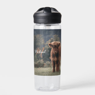 Highland cow calf autumn grass monogram initial water bottle