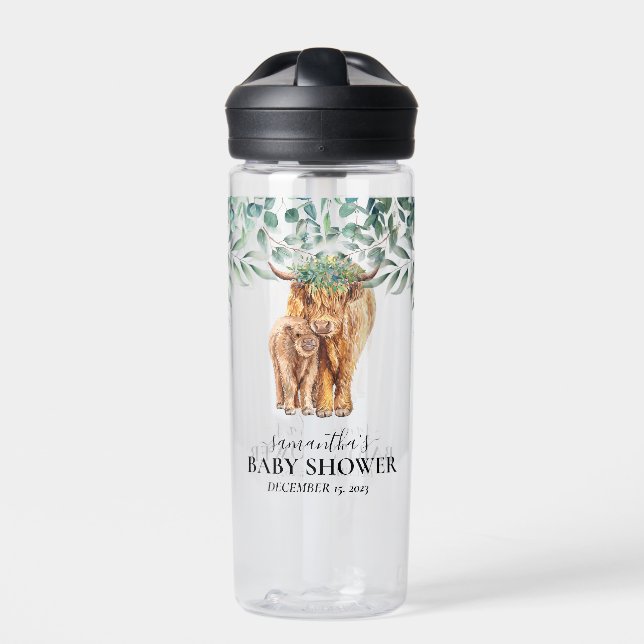 Highland Cow Calf Baby Shower Eucalyptus   Water Bottle (Front)