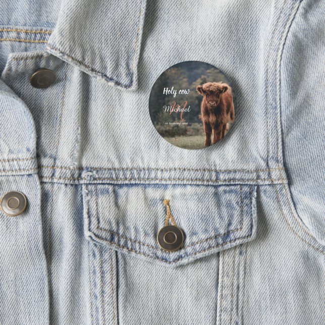 Highland cow calf monogram first birthday party 2 inch round button (In Situ)