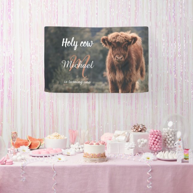 Highland cow calf monogram first birthday party banner (Party)