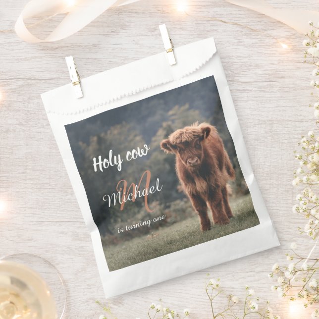 Highland cow calf monogram first birthday party favour bag (Clipped)