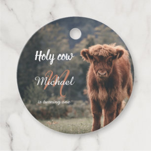 Highland cow calf monogram first birthday party favour tags