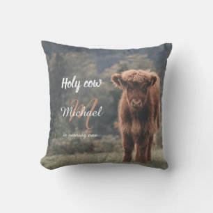 Highland cow calf monogram first birthday party outdoor pillow