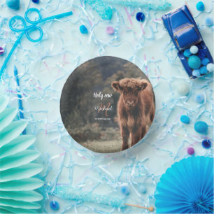Highland cow calf monogram first birthday party paper plate
