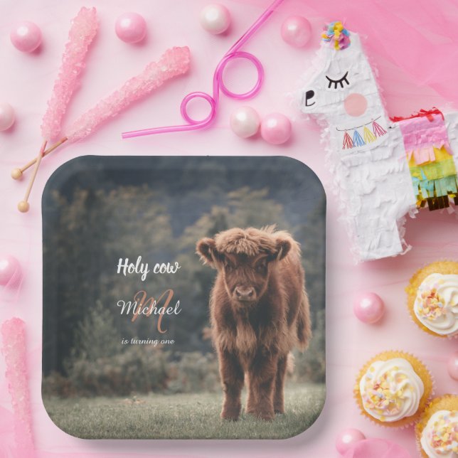 Highland cow calf monogram first birthday party paper plate (Party)
