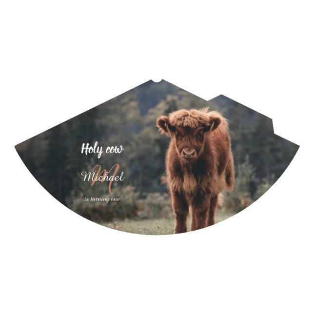 Highland cow calf monogram first birthday party party hat (Front)