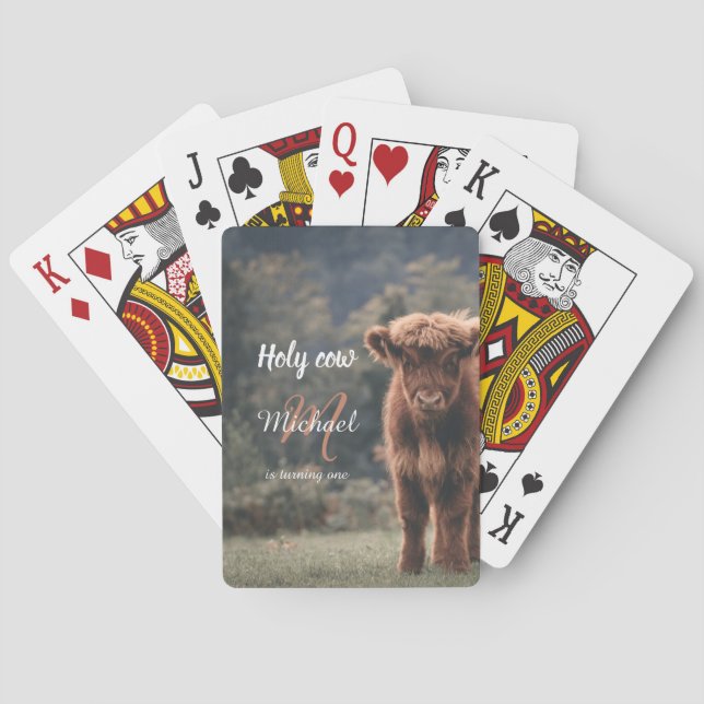 Highland cow calf monogram first birthday party playing cards (Back)