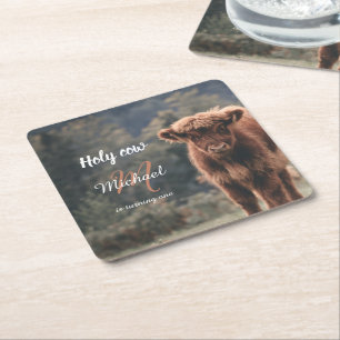 Highland cow calf monogram first birthday party square paper coaster