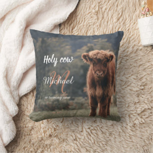 Highland cow calf monogram first birthday party throw pillow