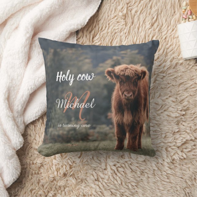 Highland cow calf monogram first birthday party throw pillow (Blanket)