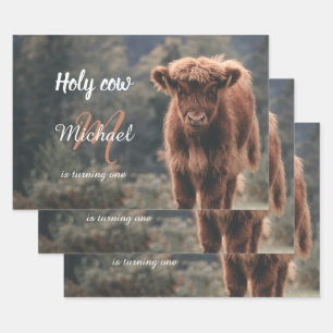 Highland cow calf monogram first birthday party wrapping paper sheet