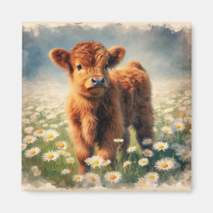 Highland Cow Calf Vintage Watercolor Painting Magnet