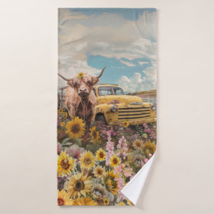 Highland Cow Camion Vintage Sunflower Field