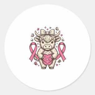Highland Cow Cancer Awareness Ribbon Cute Calf Des Classic Round Sticker