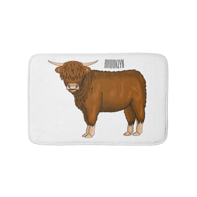 Highland cow cartoon illustration bath mat (Front)