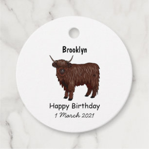 Highland cow cartoon illustration favour tags