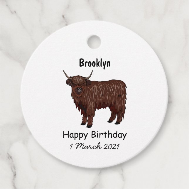 Highland cow cartoon illustration favour tags (Front)