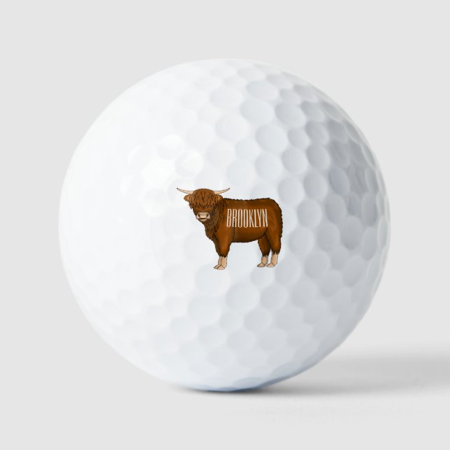 Highland cow cartoon illustration golf balls (Front)