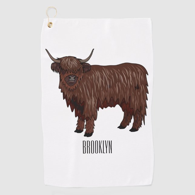 Highland cow cartoon illustration  golf towel (Front)