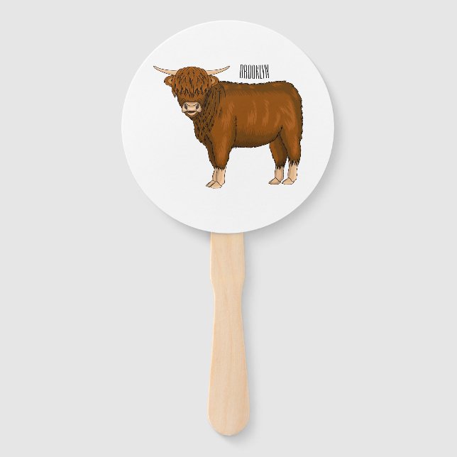 Highland cow cartoon illustration  hand fan (Front)