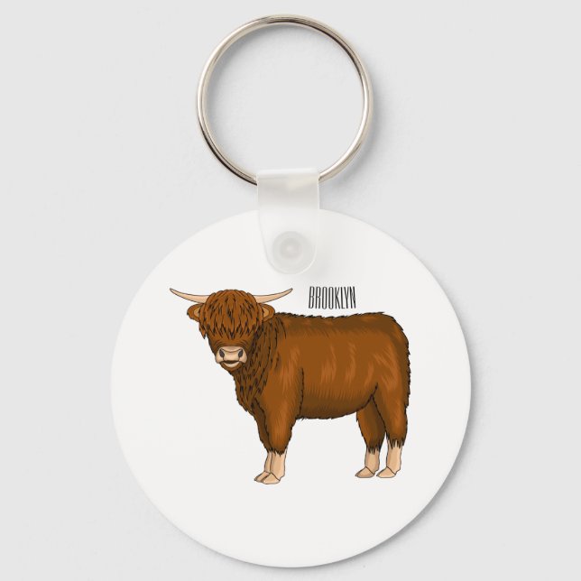 Highland cow cartoon illustration keychain (Front)
