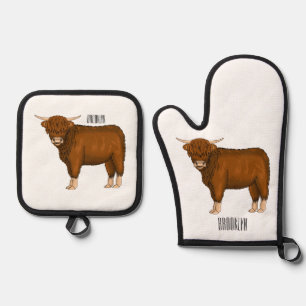 Highland cow cartoon illustration oven mitt & pot holder set