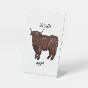 Highland cow cartoon illustration pedestal sign