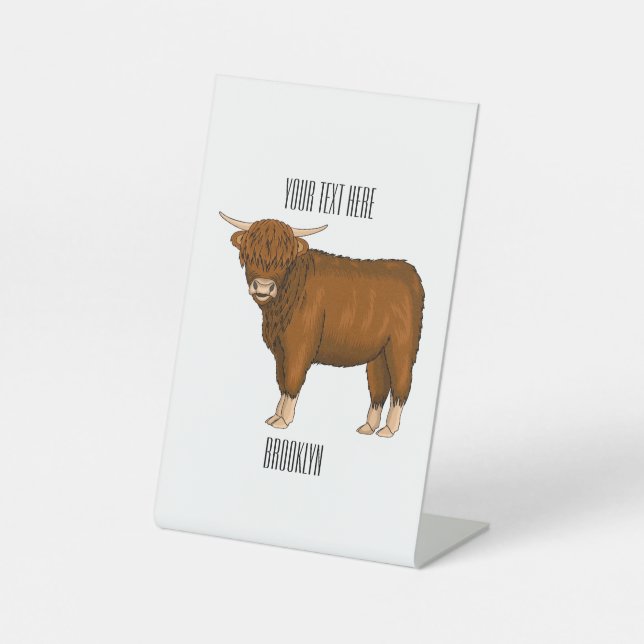 Highland cow cartoon illustration pedestal sign (Front)